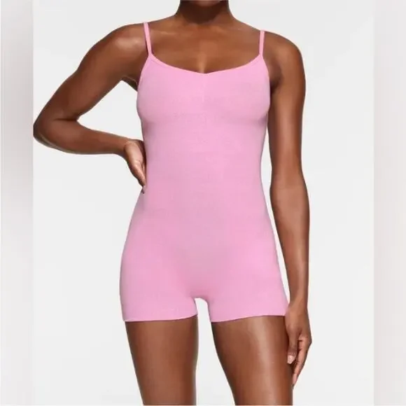 NWT SKIMS Bubble Gum Pink‎ Pointelle Logo Onesie
